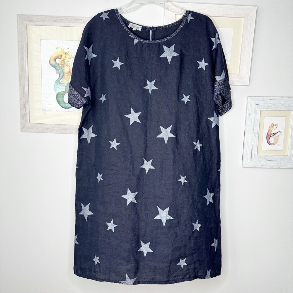 Bellambra Italian Navy & Silver Star 100% Linen Shift Dress Women’s Medium